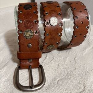 Fossil Brown‎ Leather Belt Scalloped Coin & embossed Accents